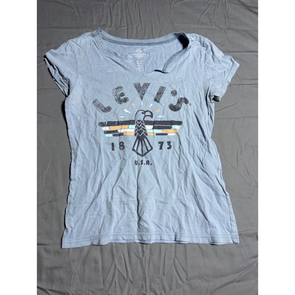 Levi's Graphic T-Shirt Women Small Blue Good‎ Vintage Eagle 1873 Split Neck Tee